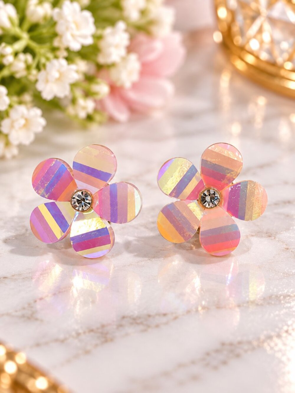 Iridescent Pink Flower Stud Earrings with Crystal Center - Fashion Jewelry